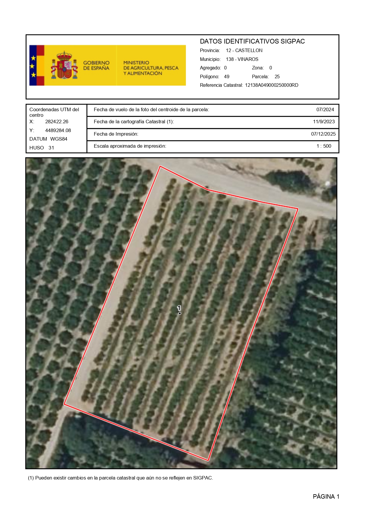Venta del 100% del pleno dominio indiviso de finca rústica de cítricos en Vinaròs (Castellón) - Polígono 49 – Parcela 25