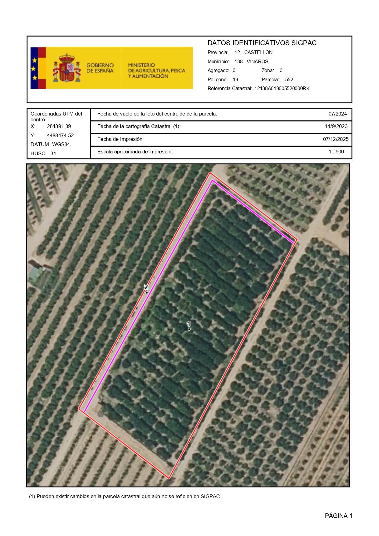 Venta del 100%  de finca rústica de cítricos en Vinaròs (Castellón) - Polígono 19 – Parcela 552